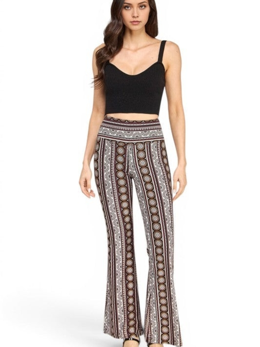 Brown & Black Vertical Boho Print  Flare Pants
